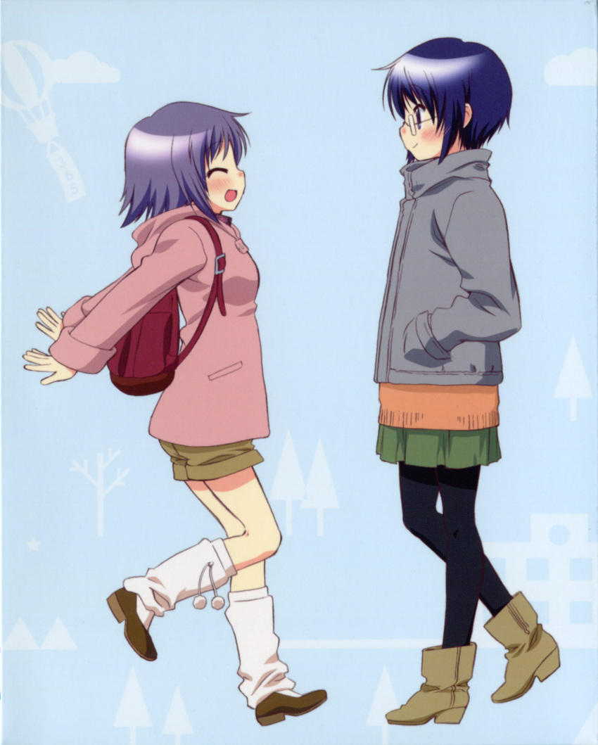 2girls ^_^ absurdres backpack bag blue_background blue_eyes blue_hair blush boots chika_(hidamari_sketch) closed_eyes glasses hand_in_pocket hidamari_sketch highres itou_yoshiaki long_sleeves loose_socks multiple_girls official_art open_mouth pantyhose purple_hair sae_(hidamari_sketch) scan shoes short_hair siblings sisters smile socks