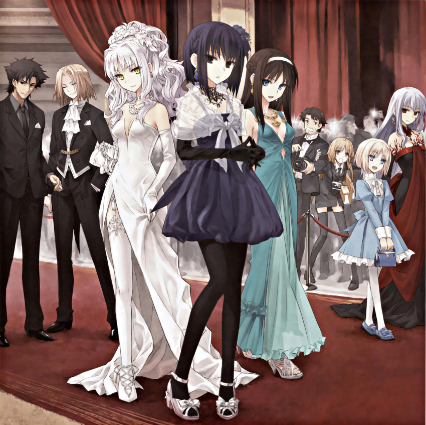 3boys 428 6+girls absurdres bag black_gloves black_hair black_legwear breasts canaan caren_hortensia caren_ortensia chunsoft closed_eyes company_connection crossover dark_sakura dress earrings elbow_gloves emiya_kiritsugu everyone eyes facial_hair fate/hollow_ataraxia fate/prototype fate/stay_night fate/zero fate_(series) flower formal full_body garter_straps gloves gown hair_flower hair_ornament handbag high_heels highres jewelry konoe_ototsugu kuonji_alice mahou_tsukai_no_yoru mary_janes matou_sakura melty_blood minorikawa_minoru multiple_boys multiple_girls necklace necktie oosawa_maria open_shoes pantyhose pearl_necklace purse sajou_manaka scan shoes short_hair side_slit skirt skirt_suit stubble suit thighhighs toenail_polish toono_akiha tsukihime type-moon wallachia white_dress white_gloves white_hair white_legwear yellow_eyes