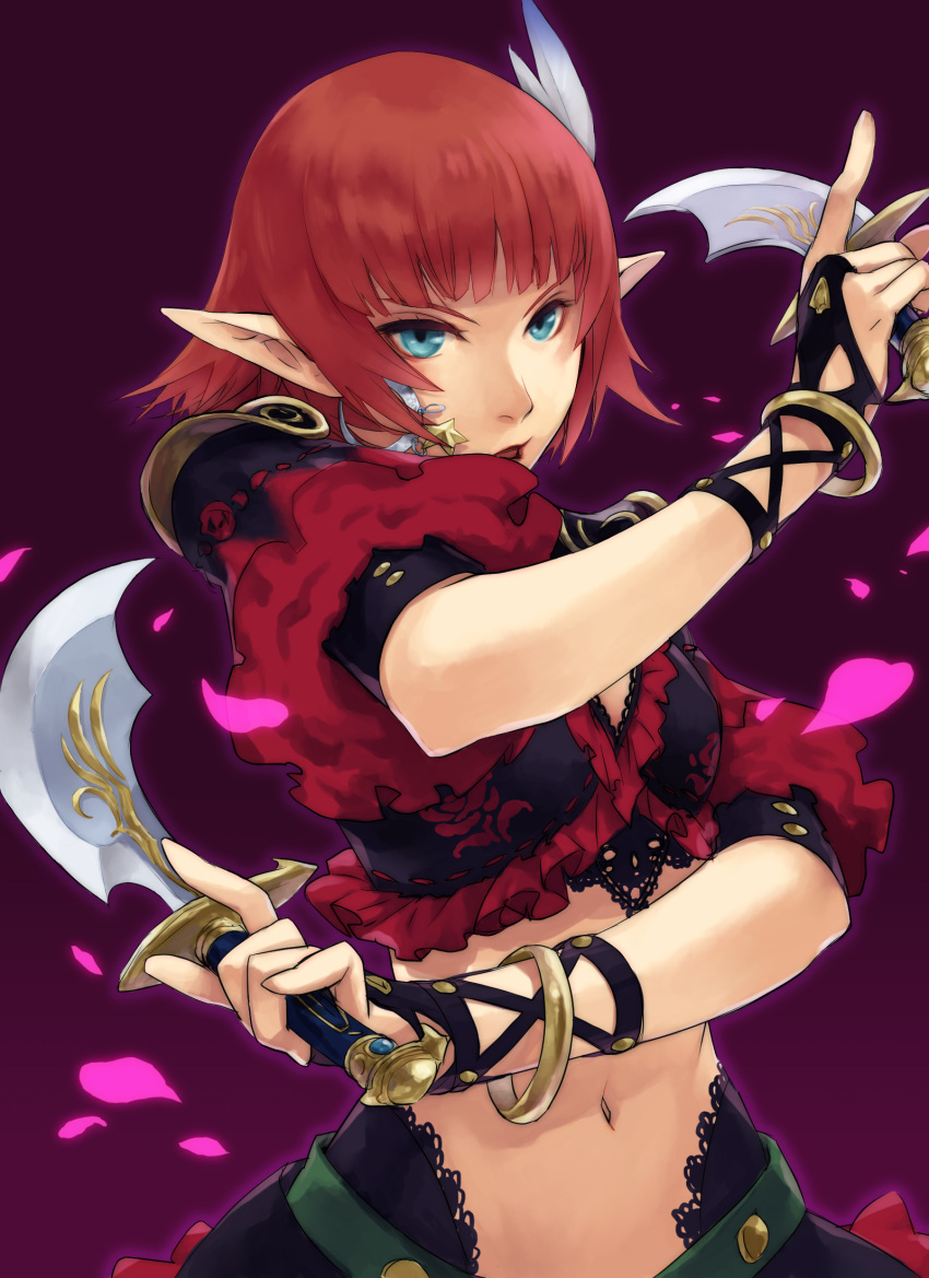 arita_youko blue_eyes bracelet choker commentary_request dagger dancer_(final_fantasy) elf elvaan female final_fantasy final_fantasy_xi fingerless_gloves flamenco gloves highres jewelry knife lilisette midriff pointy_ears red_hair short_hair solo weapon