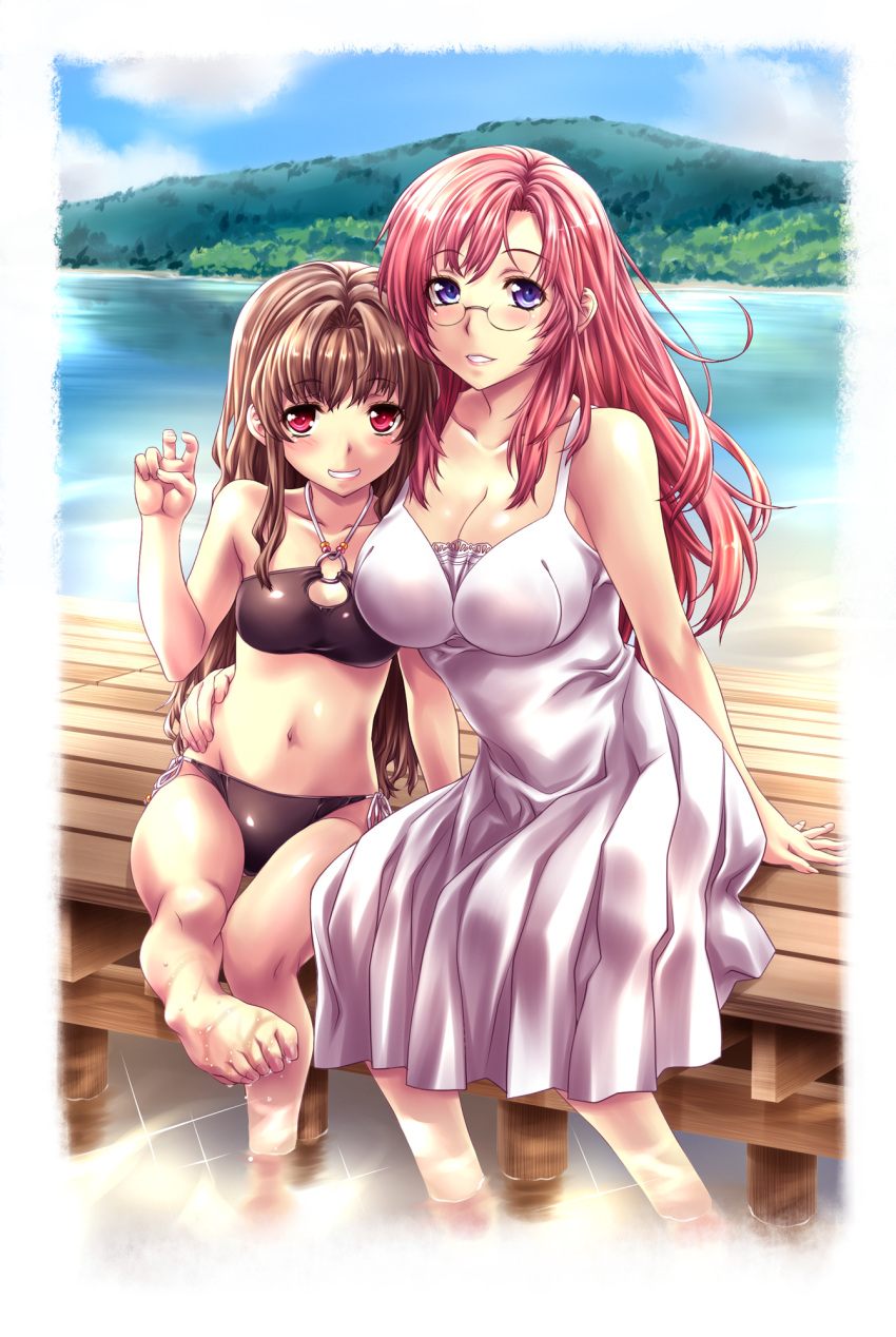 2girls barefoot bikini breasts brown_hair collarbone commentary_request dock dress glasses grin halterneck hand_on_own_hip highres kazami_mizuho large_breasts long_hair looking_at_viewer medium_breasts morino_ichigo multiple_girls nagayori navel onegai_teacher outdoors painttool_sai_(medium) petite purple_eyes red_hair side-tie_bikini_bottom sitting smile soaking_feet swimsuit water