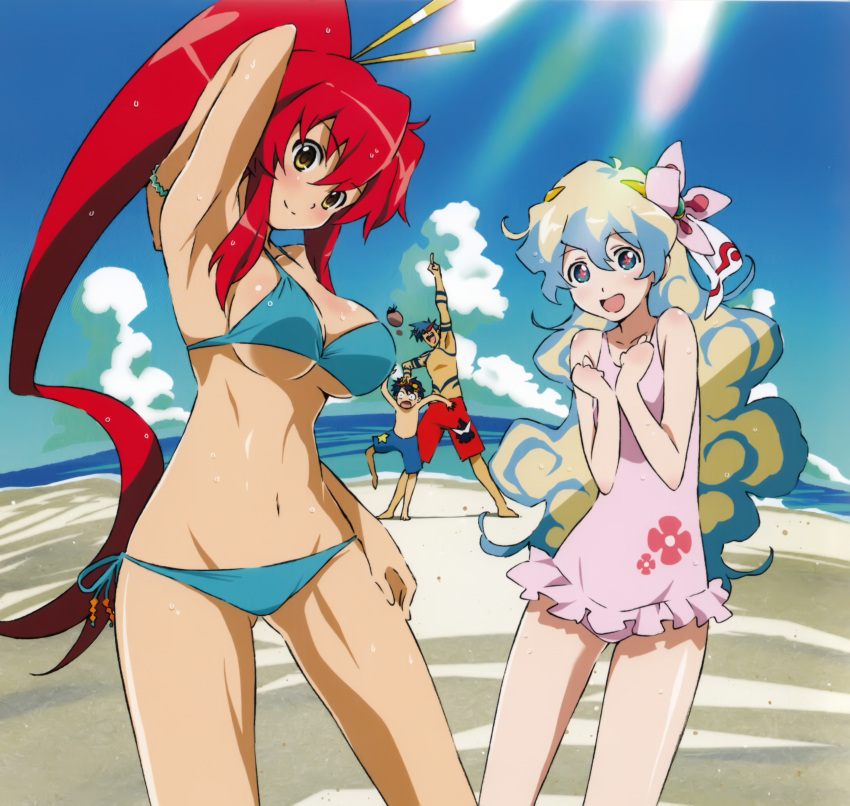 2boys 2girls absurdres age_difference arm_behind_head arm_tattoo arm_up armpits barefoot beach beads bikini blonde_hair blue_bikini blue_eyes blue_hair blue_sky blush boota_(ttgl) bracelet breasts casual_one-piece_swimsuit chest_tattoo cleavage clenched_hands closed_mouth cloud constricted_pupils cross-shaped_pupils day floral_print flower frilled_one-piece_swimsuit frills goggles goggles_on_head groin hair_between_eyes hair_flower hair_ornament hair_ribbon hair_stick hand_on_another's_head hand_on_own_thigh hands_up happy head_tilt high_ponytail highres hip_focus jewelry kamina_(ttgl) kamina_shades large_breasts leg_lift leg_up legs_apart light_rays light_smile long_hair looking_at_viewer male_swimwear mole_(animal) multicolored_hair multiple_boys multiple_girls navel nia_teppelin ocean official_art one-piece_swimsuit open_mouth outdoors photoshop_(medium) pink_flower pink_one-piece_swimsuit pointing pointing_up ponytail print_swimsuit red_hair ribbon scan shinagawa_hiroki short_hair shorts side-tie_bikini_bottom sideboob sidelocks simon_(ttgl) sky small_breasts smile standing standing_on_one_leg stomach_tattoo sunbeam sunglasses sunlight swim_trunks swimsuit symbol-shaped_pupils tan tattoo tengen_toppa_gurren_lagann thighs time_paradox triangular_eyewear two-tone_hair underboob very_long_hair water wavy_hair wet wet_hair white_ribbon wide-eyed wide_hips yellow_eyes yoko_littner