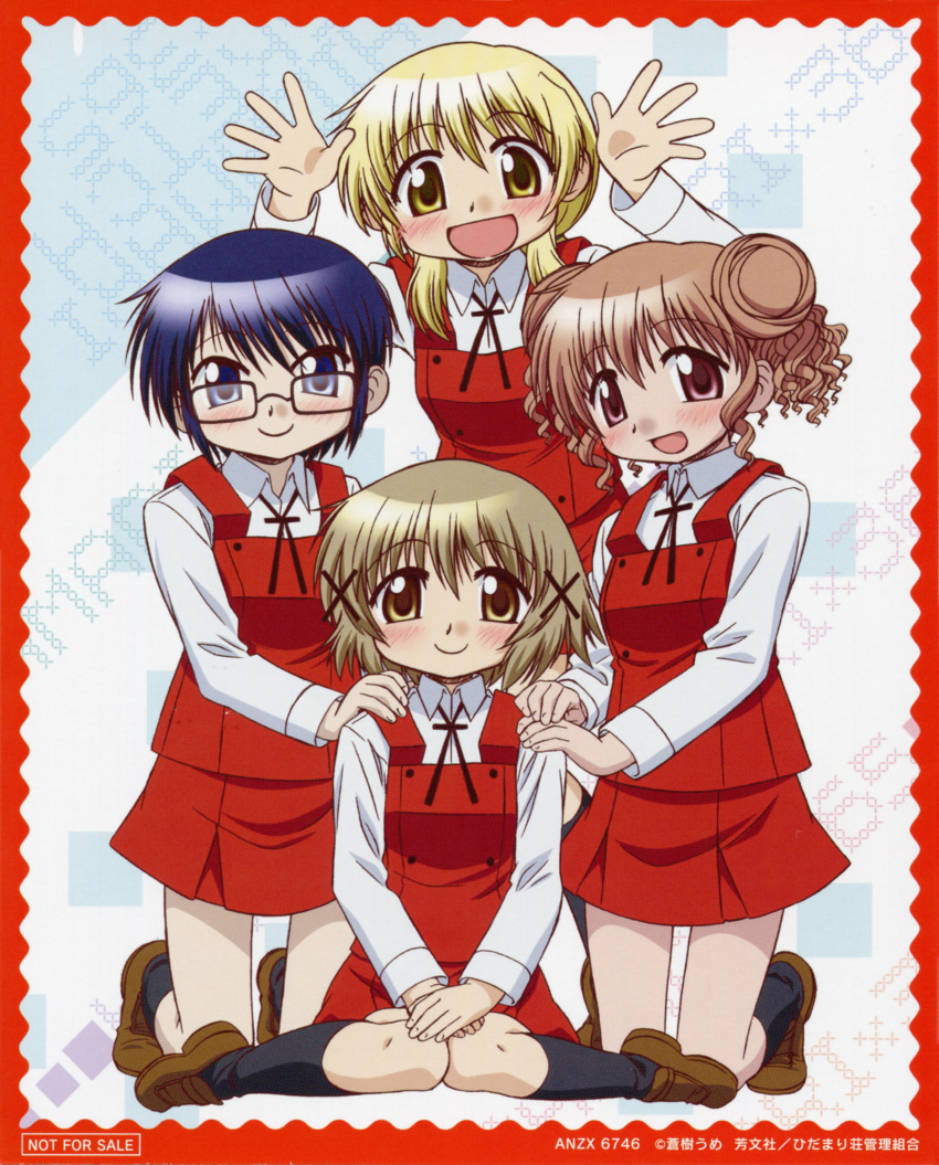 4girls :d absurdres artist_request blonde_hair blue_eyes blue_hair blush brown_eyes brown_hair double_bun glasses hair_bun hair_ornament hairclip hidamari_sketch highres hiro_(hidamari_sketch) loafers looking_at_viewer miyako_(hidamari_sketch) multiple_girls official_art open_mouth pink_hair red_eyes sae_(hidamari_sketch) scan school_uniform shoes short_hair skirt smile yellow_eyes yuno_(hidamari_sketch)