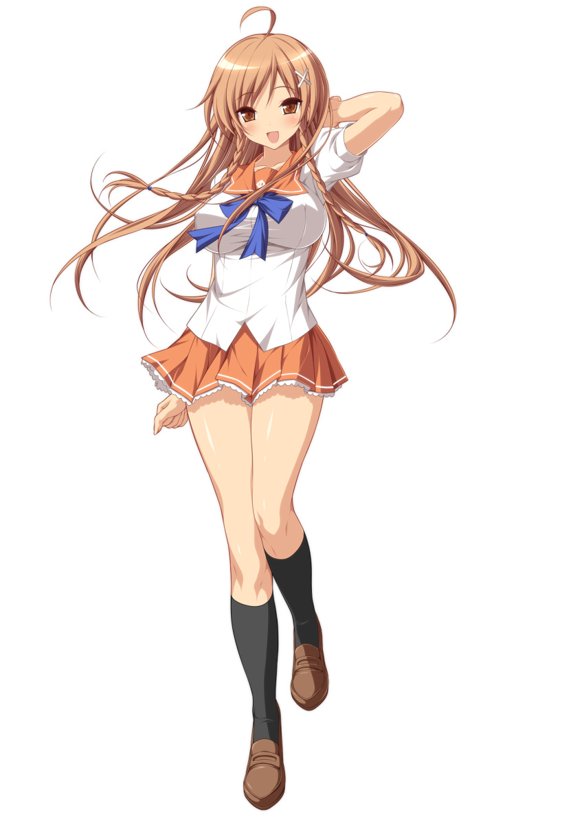 :d ahoge bad_link black_socks braid breasts brown_eyes brown_hair culture_japan female full_body high_heels highres kneehighs koku large_breasts loafers open_mouth school_uniform shiny_skin shirt shoes skirt smile socks solo suenaga_mirai tachi-e taut_clothes taut_shirt transparent_background twin_braids