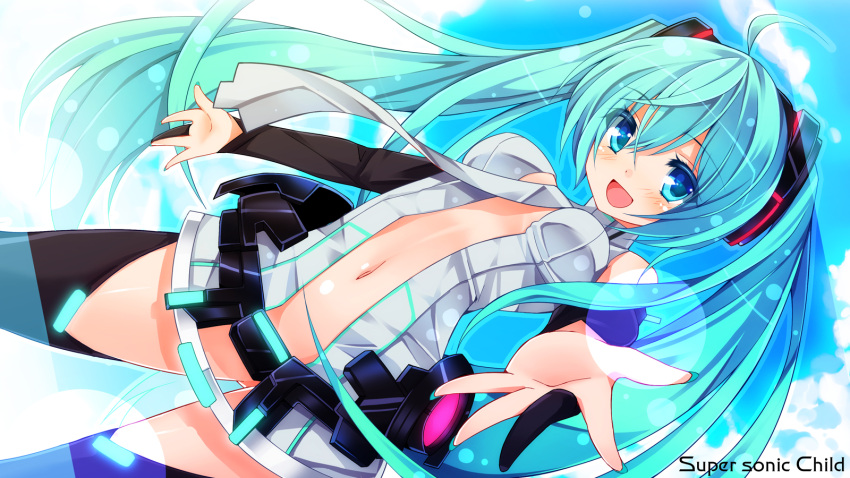 :d ahoge aqua_eyes aqua_hair bridal_gauntlets center_opening chiri_(atlanta) commentary_request elbow_gloves female fingerless_gloves gloves hatsune_miku hatsune_miku_(append) highres long_hair looking_at_viewer nail_polish navel necktie open_mouth outstretched_hand photoshop_(medium) smile solo thighhighs twintails very_long_hair vocaloid vocaloid_append