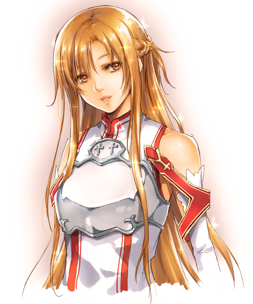 armor asuna_(sao) bare_shoulders breastplate commentary_request detached_sleeves female highres kikurage_(plastic_people) lips long_hair md5_mismatch orange_eyes orange_hair solo sparkle sword_art_online upper_body