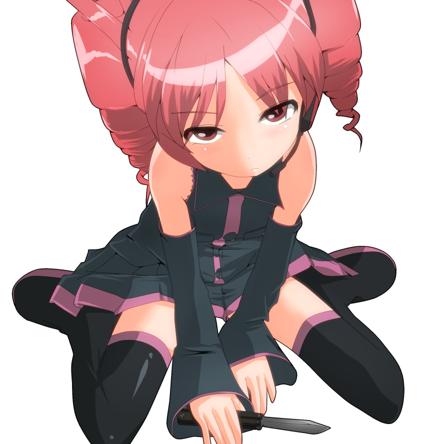 bad_source balisong detached_sleeves drill_hair female frown full_body hangaku headset highres kasane_teto knife pink_eyes pink_hair sitting solo thighhighs transparent_background twin_drills twintails utau weapon