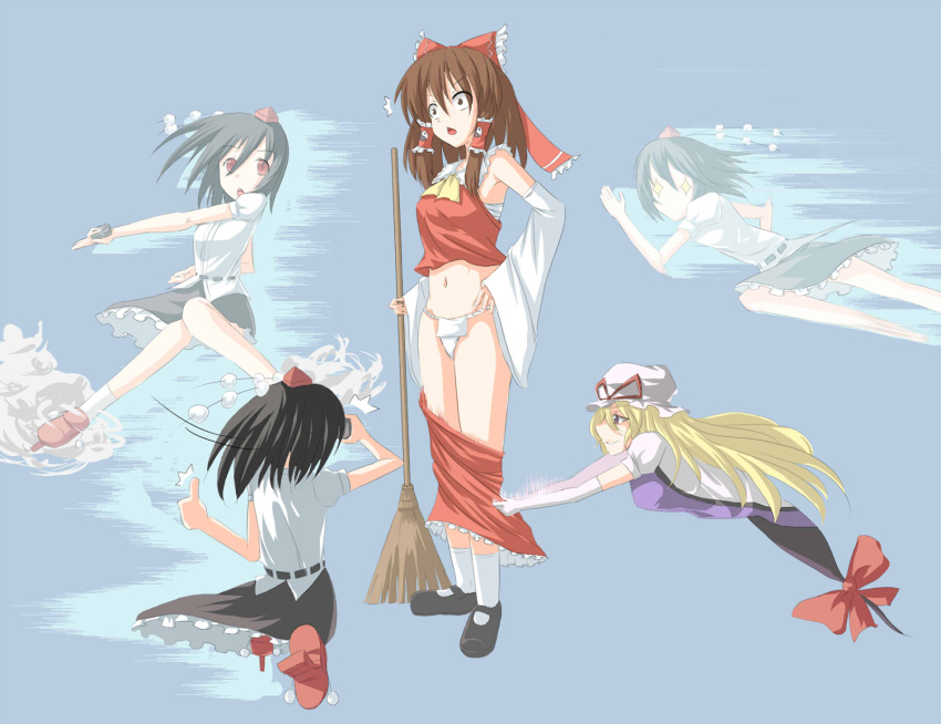 +_+ 3girls ^^^ ascot assisted_exposure bad_id bad_pixiv_id black_hair blonde_hair bow brown_eyes brown_hair camera detached_sleeves female_pervert fundoshi gap_(touhou) geta hair_tubes hairbow hakurei_reimu hat hat_ribbon highres japanese_clothes long_hair multiple_girls navel open_mouth pantsing pervert puffy_sleeves purple_eyes ribbon sarashi shameimaru_aya short_hair short_sleeves smile standing stoner08 tengu-geta thumbs_up tokin_hat touhou wide_sleeves yakumo_yukari