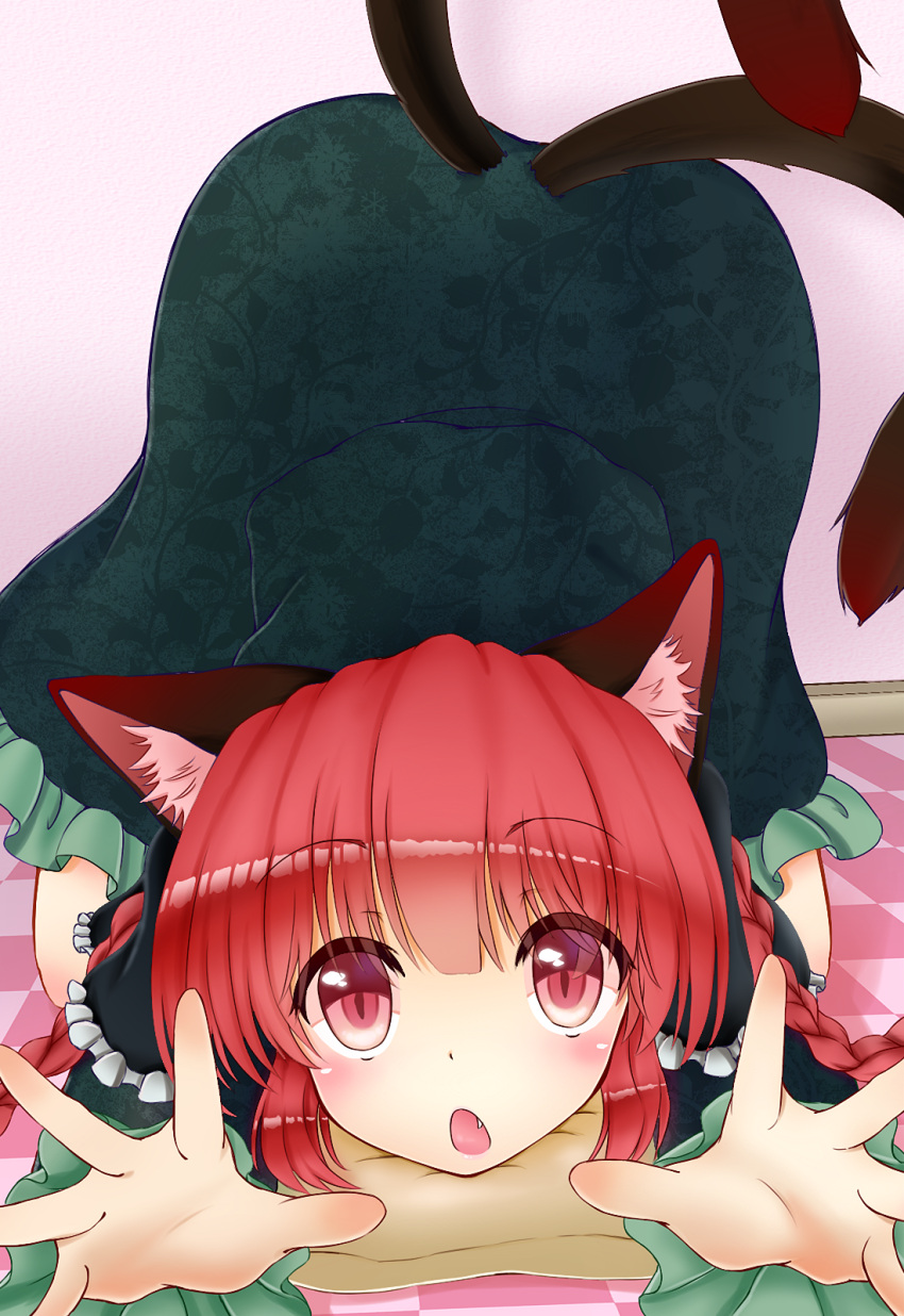 animal_ears ass bad_id bad_pixiv_id blush braid cat_ears cat_tail female highres kaenbyou_rin looking_at_viewer multiple_tails nekomata oerba_yun_fang open_mouth red_eyes red_hair solo tail top-down_bottom-up topia touhou twin_braids