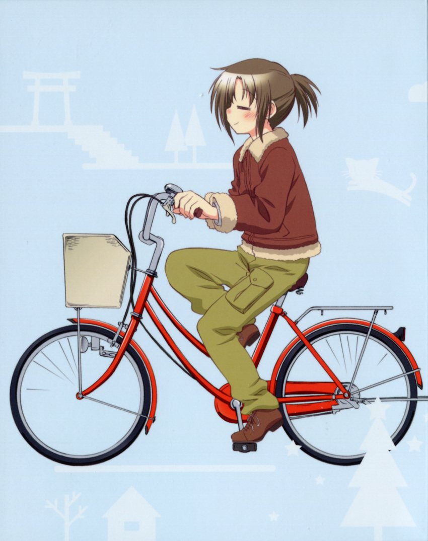 =_= absurdres basket bicycle bicycle_basket blue_background blush brown_footwear cargo_pants casual closed_eyes coat female from_side full_body fur-trimmed_jacket fur_trim green_pants hidamari_sketch highres itou_yoshiaki jacket landlady_(hidamari_sketch) long_sleeves official_art pants profile riding scan shoes short_hair short_ponytail smile solo