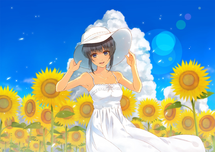 black_hair blue_eyes commentary_request dress female flower furai hands_on_headwear hat looking_at_viewer original short_hair smile solo sun_hat sundress sunflower wind