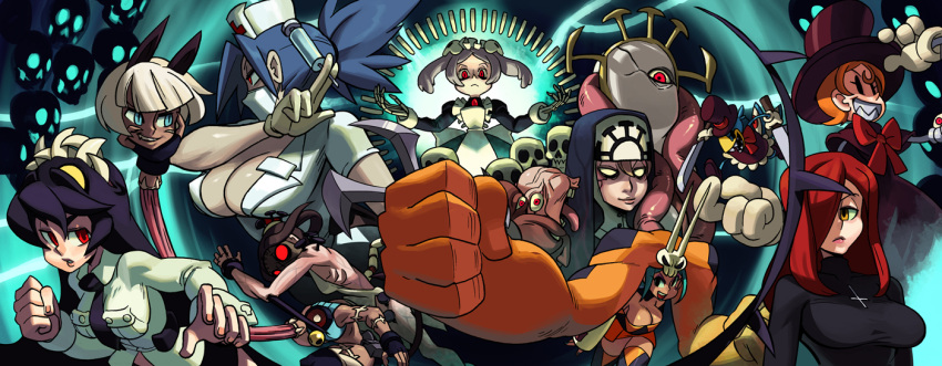 6+girls alex_ahad avery_(skullgirls) black_hair bloody_marie_(skullgirls) breasts cerebella_(skullgirls) cleavage commentary cross cross_necklace dark-skinned_female dark_skin double_(skullgirls) dual_wielding english_commentary everyone extra_mouth filia_(skullgirls) habit hair_ornament hair_over_one_eye hat holding holding_head horns jewelry knife large_breasts living_clothes mask mechanical_arms ms._fortune_(skullgirls) multiple_girls necklace necktie nun nurse nurse_cap painwheel_(skullgirls) parasoul_(skullgirls) peacock_(skullgirls) photoshop_(medium) red_eyes red_hair samson_(skullgirls) scar severed_head single_mechanical_arm skull_hair_ornament skullgirls syringe top_hat turtleneck valentine_(skullgirls) vice-versa_(skullgirls) yellow_eyes