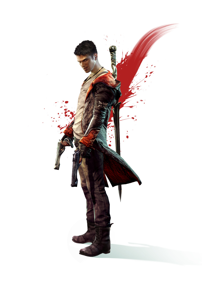 1boy black_eyes black_hair capcom dante devil_may_cry dmc:_devil_may_cry gloves male male_focus official_art pistols shiny sword weapon