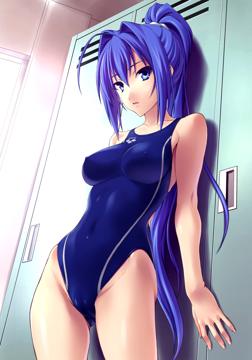 arena_(company) blue_eyes blue_hair breasts cameltoe commentary_request competition_swimsuit covered_nipples dutch_angle female hair_intakes hayase_mitsuki highres impossible_clothes kimi_ga_nozomu_eien large_breasts locker long_hair norizou_type-r one-piece_swimsuit ponytail skin_tight solo swimsuit very_long_hair