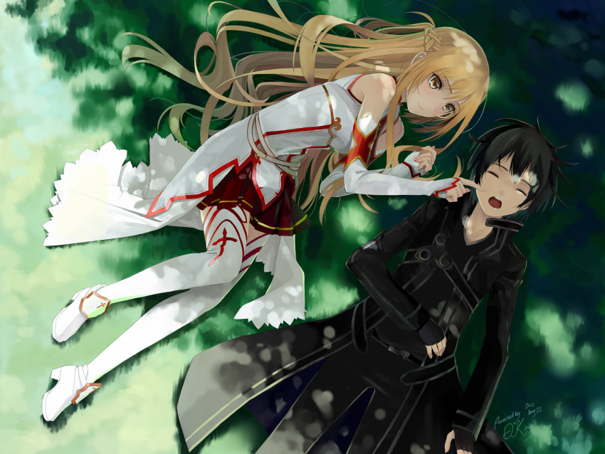 1boy asuna_(sao) black_hair brown_eyes brown_hair closed_eyes commentary_request dappled_sunlight detached_sleeves drooling female fingerless_gloves gloves grass highres kirito long_hair long_legs lying okingjo on_back poking short_hair signature sleeping sunlight sword_art_online thighhighs tree_shade white_thighhighs