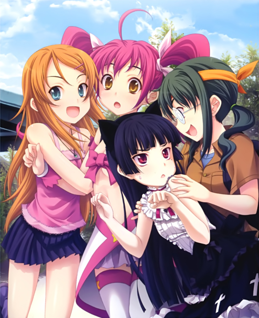 4girls :d :o absurdres animal_ears black_hair blue_eyes bow breasts brown_eyes cat_ears coke-bottle_glasses cosplay cross dress fake_animal_ears glasses gokou_ruri green_eyes hands_on_shoulders headband highres hoshikuzu_witch_meruru kousaka_kirino kurusu_kanako long_hair looking_at_another looking_at_viewer magical_girl makishima_saori meruru_(oreimo) meruru_(oreimo)_(cosplay) miyama-zero mole mole_under_eye multiple_girls open_mouth orange_hair ore_no_imouto_ga_konna_ni_kawaii_wake_ga_nai photoshop_(medium) pink_hair scan skirt small_breasts smile sweat thighhighs twintails wrist_cuffs yellow_eyes