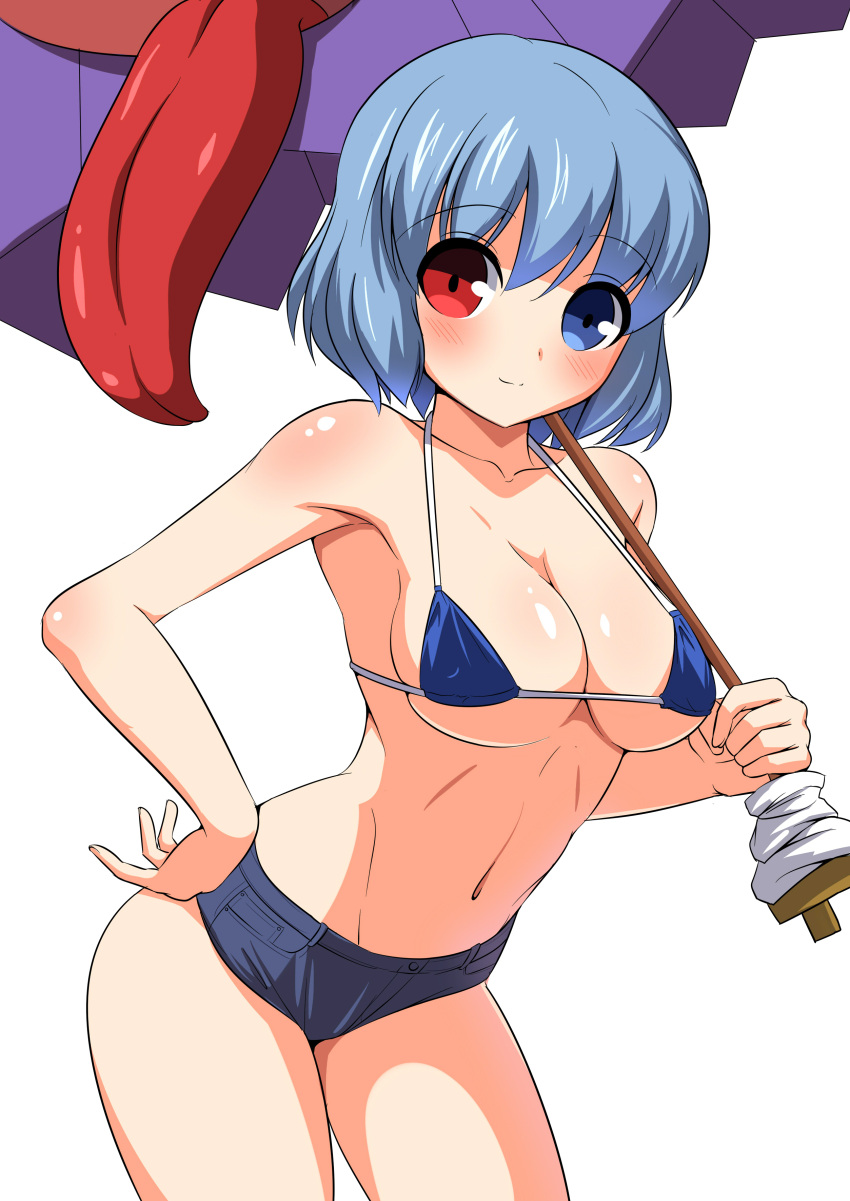 absurdres bikini bikini_top_only blue_bikini blue_eyes blue_hair blush breasts cleavage collarbone commentary_request denim denim_shorts female grey_shorts heterochromia highres karakasa_obake kyokutou_hentai_samurai large_breasts micro_bikini navel purple_umbrella red_eyes shiny_skin short_hair short_shorts shorts simple_background skindentation smile solo swimsuit tatara_kogasa touhou umbrella white_background