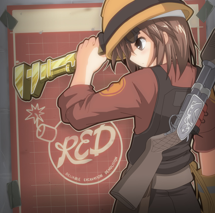 bad_source blueprint_(object) brown_eyes brown_hair cosplay engineer_(tf2) engineer_(tf2)_(cosplay) female frontier_justice goggles gold golden_wrench gun hangaku hard_hat helmet highres mining_helmet misaka_imouto overalls red_engineer_(tf2) red_engineer_(tf2)_(cosplay) reverse_grip serious short_hair shotgun solo team_fortress_2 toaru_kagaku_no_railgun toaru_majutsu_no_index typo weapon wrench