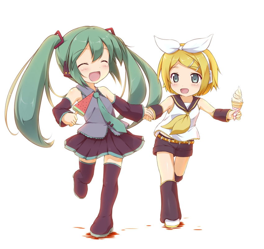 2girls :d ^_^ aqua_eyes aqua_hair bare_shoulders belt black_legwear blonde_hair closed_eyes commentary_request detached_sleeves food hatsune_miku headphones holding holding_hands ice_cream kagamine_rin long_hair multiple_girls necktie open_mouth popsicle running short_hair shorts smile thighhighs twintails utamaru_(konomix) very_long_hair vocaloid watermelon_bar