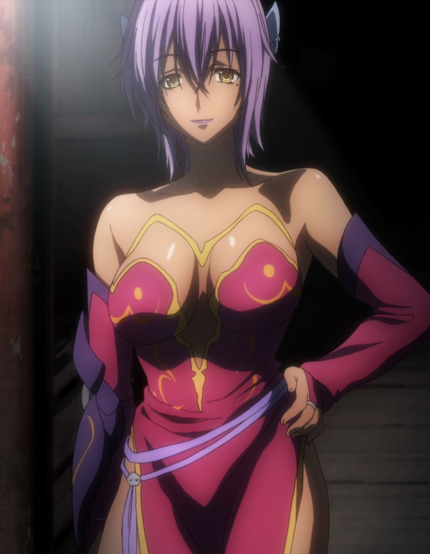 breasts bridal_gauntlets cleavage elbow_gloves female gloves hair_ornament highres lipstick makeup matsunaga_hisahide_(oda_nobuna_no_yabou) mole oda_nobuna_no_yabou purple_hair screencap short_hair side_slit solo stitched yellow_eyes