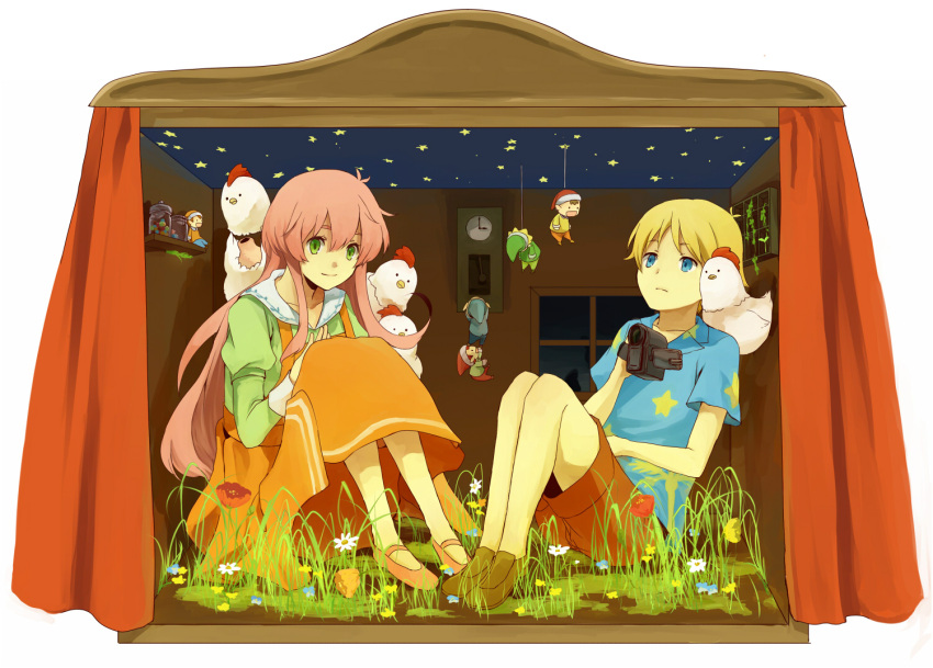 1boy bird camera chicken commentary_request fairy_(jintai) female grass indoors jinrui_wa_suitai_shimashita joshu-san sitting tamu_(tamurarucaffe1226) watashi_(jintai)