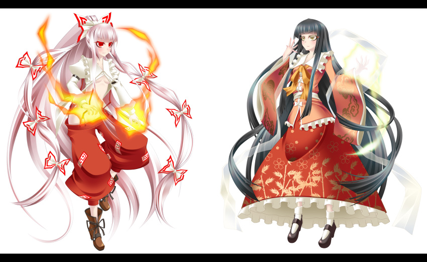 2girls alternate_eye_color arm_strap black_hair blunt_bangs boots bow cloth commentary_request dress_shirt fire floral_print frills fujiwara_no_mokou full_body hair_ribbon hairbow highres houraisan_kaguya kinoshita_tsuyuki letterboxed long_hair long_skirt long_sleeves multiple_girls no_panties open_clothes open_shirt pants photoshop_(medium) ponytail puffy_long_sleeves puffy_sleeves red_eyes ribbon shirt shoes skirt socks suspenders touhou tress_ribbon unbuttoned unmoving_pattern very_long_hair white_background white_hair white_legwear wide_sleeves yellow_eyes