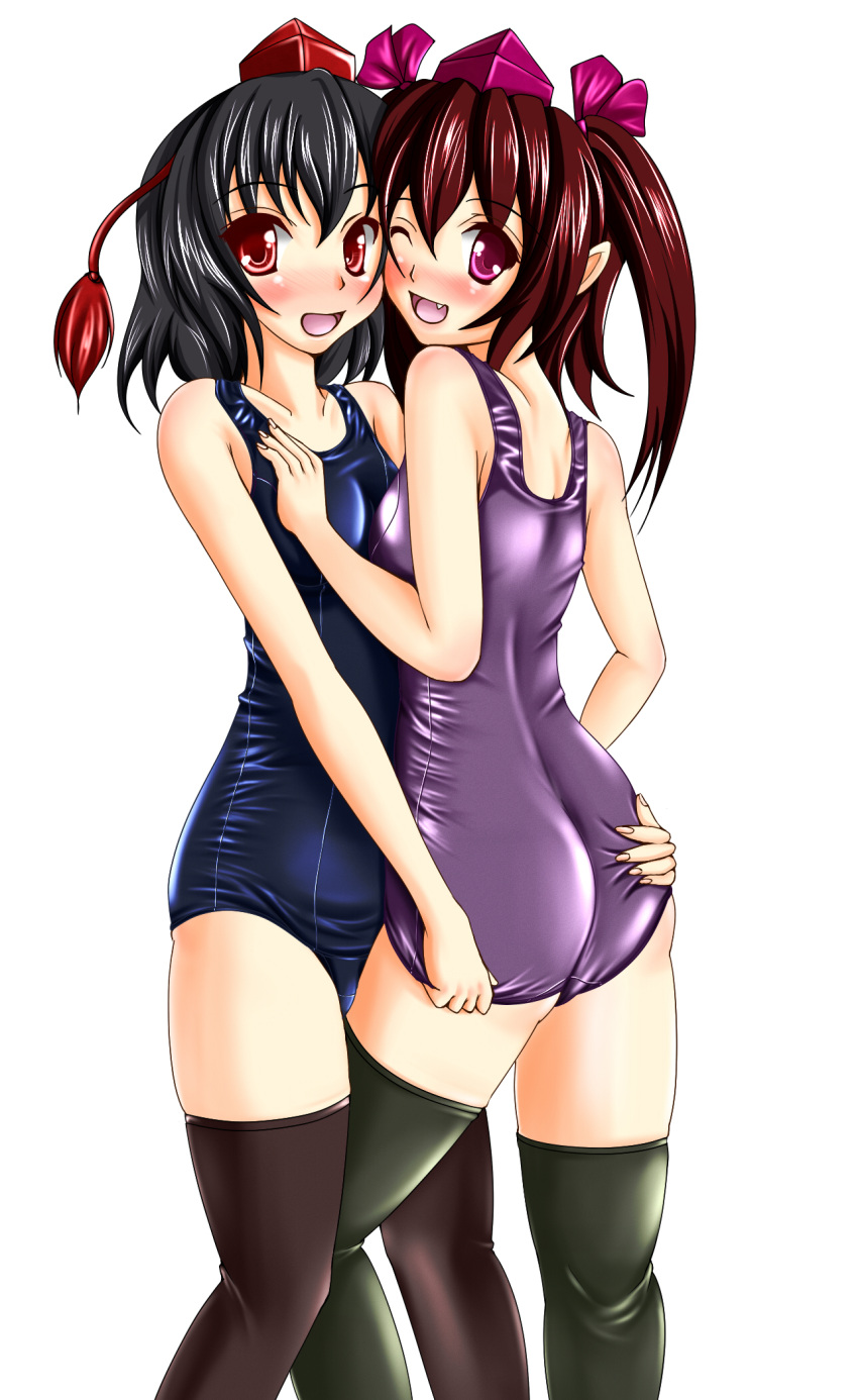 2girls ass ass_grab bad_id bad_pixiv_id black_hair blush brown_hair collarbone flat_ass grabbing_another's_ass groping hat highres himekaidou_hatate multiple_girls oerba_yun_fang one-piece_swimsuit one_eye_closed open_mouth purple_eyes red_eyes school_swimsuit shameimaru_aya shiny_clothes short_hair skindentation smile swimsuit tera_hiroshi thighhighs tokin_hat touhou twintails white_background yuri