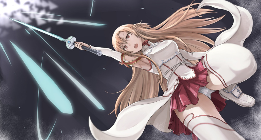 arm_up armor armpits asuna_(sao) bare_shoulders breastplate bridal_gauntlets brown_eyes brown_hair commentary_request detached_sleeves female leg_up long_hair open_mouth panties skirt solo sword sword_art_online tea_(nakenashi) thighhighs underwear upskirt weapon white_panties white_thighhighs