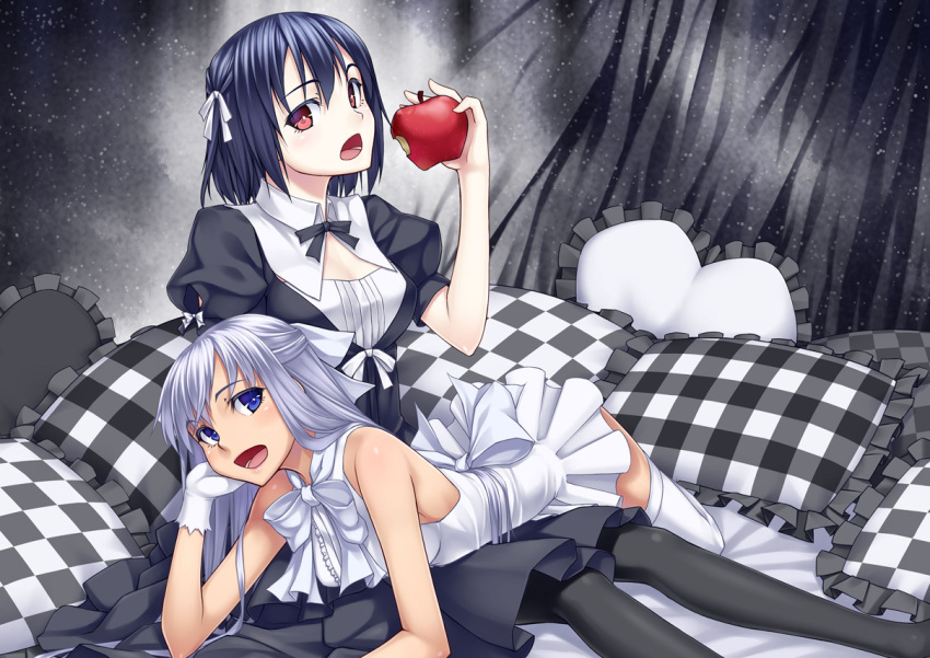 2girls :d apple arm_support bare_shoulders black_legwear blue_hair checkered colored_eyelashes commentary_request dress food frilled_pillow frills fruit gloves grey_hair h_kasei half_updo holding long_hair looking_at_viewer lying multiple_girls on_lap on_stomach open_mouth original pantyhose photoshop_(medium) pillow red_eyes short_hair sleeveless sleeveless_dress smile thighhighs white_gloves white_legwear zettai_ryouiki