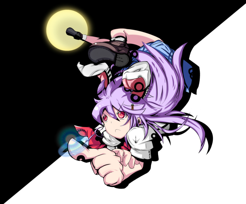 animal_ears ankle_socks backflip commentary_request female finger_gun frown full_moon kikurage_(sugi222) long_hair moon necktie purple_hair rabbit_ears red_eyes reisen_udongein_inaba shoes skirt socks solo touhou