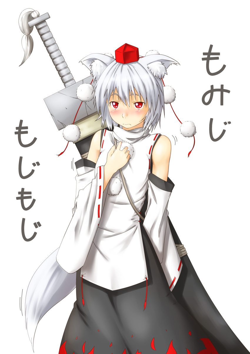 absurdres animal_ears blush commentary_request detached_sleeves female grey_hair hat highres inubashiri_momiji niwatazumi red_eyes short_hair solo sword tail tokin_hat touhou translated weapon wolf_ears wolf_tail