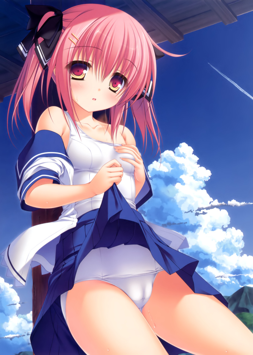 absurdres bare_shoulders blue_sky blush clothes_lift cloud contrail copyright_request day female grabbing_own_breast hair_ornament hairclip highres leaning_back looking_at_viewer mikagami_mamizu one-piece_swimsuit orange_eyes outdoors pink_hair school_swimsuit school_uniform serafuku skirt skirt_lift sky solo swimsuit swimsuit_under_clothes tareme twintails undressing white_one-piece_swimsuit