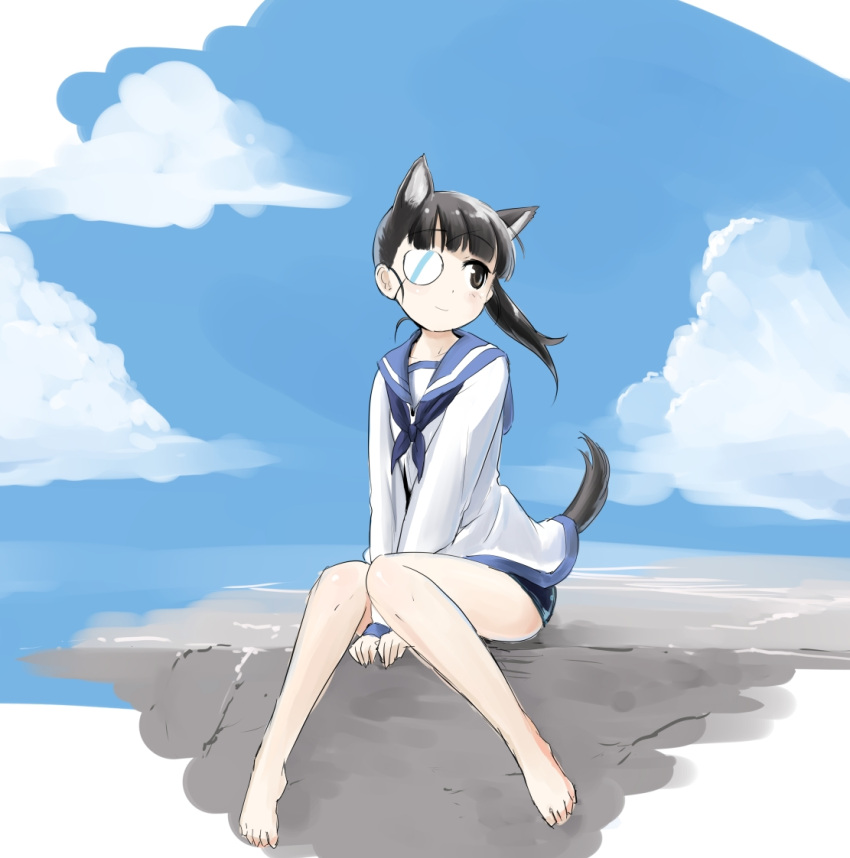 animal_ears barefoot black_hair blush brown_eyes cloud commentary_request day dog_ears dog_girl dog_tail extra_ears eyepatch female mozu_(peth) ponytail sakamoto_mio school_swimsuit sitting sky smile solo strike_witches swimsuit swimsuit_under_clothes tail world_witches_series