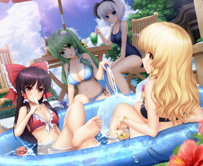 4girls barefoot beach_umbrella bikini black_hair blonde_hair blue_eyes blush bow bracelet breasts chair cleavage cloud collarbone commentary_request day drink flower food frog_hair_ornament front-tie_top fruit glass green_hair grey_hair hair_ornament hair_ribbon hair_tubes hairband hairbow hakurei_reimu hibiscus ice_cream ice_cream_float jewelry juice kirisame_marisa kochiya_sanae konpaku_youmu konpaku_youmu_(ghost) large_breasts lemon lens_flare long_hair looking_back melon_soda miyakouji multiple_girls navel one-piece_swimsuit open_mouth outdoors popsicle red_bikini red_eyes ribbon short_hair side-tie_bikini_bottom sky snake_hair_ornament swimsuit table touhou umbrella yellow_eyes