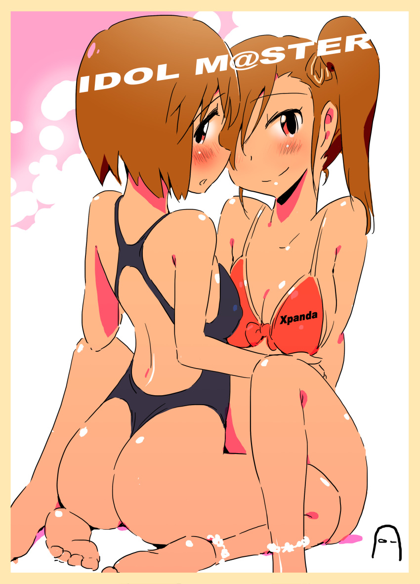 2girls absurdres anklet ass barefoot between_legs bikini breasts brown_eyes brown_hair commentary_request feet futami_mami hagiwara_yukiho highleg highleg_swimsuit highres idolmaster idolmaster_(classic) jewelry kneeling large_breasts looking_back medium_breasts multiple_girls one-piece_swimsuit one-piece_thong open_mouth photoshop_(medium) sitting soles spread_legs swimsuit zasha