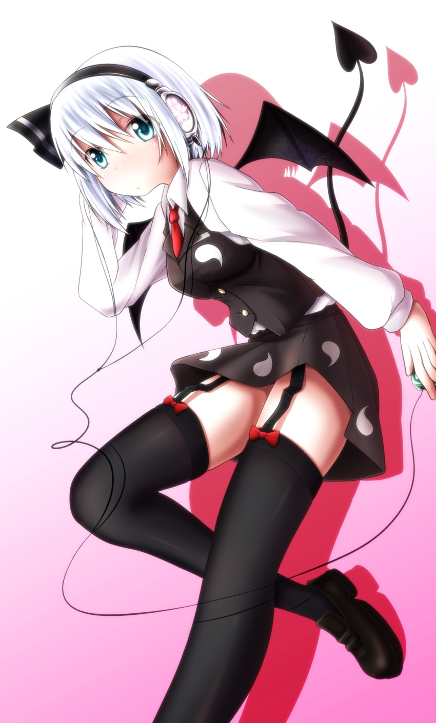 aqua_eyes black_hairband black_thighhighs commentary_request demon_tail demon_wings evandragon female garter_straps hair_ribbon hairband headphones highres konpaku_youmu long_sleeves necktie ribbon short_hair solo tail thighhighs touhou white_hair wings