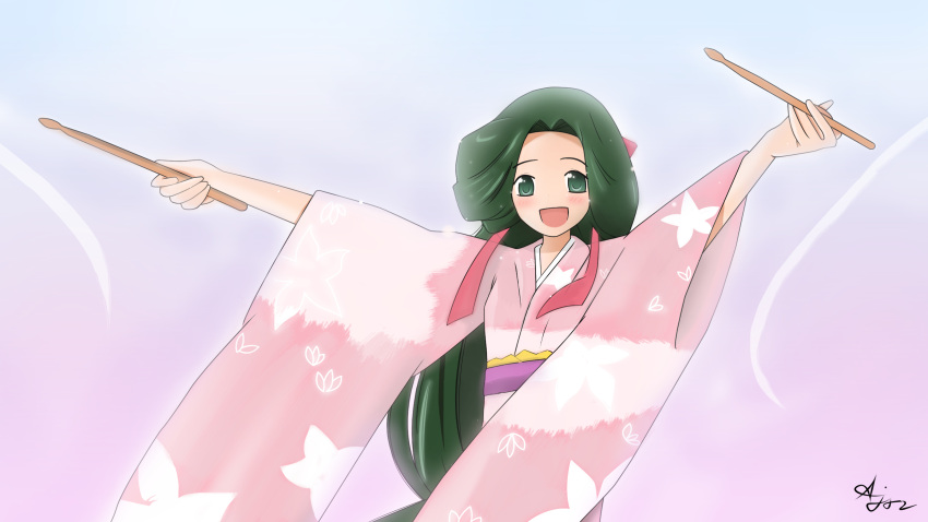 blush drumsticks female goidou_yui green_eyes green_hair hair_ribbon highres japanese_clothes kami_nomi_zo_shiru_sekai kimono long_hair obi ribbon sash smile solo very_long_hair