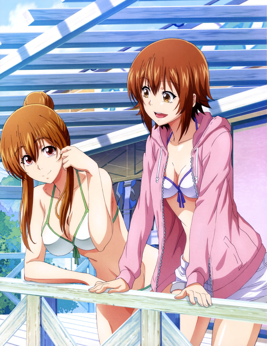 2girls :d absurdres adjusting_hair arm_support bikini bikini_top_only blue_ribbon breasts brown_eyes brown_hair cleavage collarbone cowboy_shot day front-tie_bikini_top front-tie_top grand_blue groin hair_between_eyes hair_bun highres hood hooded_jacket jacket kotegawa_chisa kotegawa_nanaka leaning_forward medium_breasts multiple_girls navel newtype official_art open_clothes open_jacket open_mouth outdoors pink_jacket ribbon short_hair short_shorts shorts siblings sidelocks single_hair_bun sisters smile standing swimsuit tied_hair unzipped veranda white_bikini white_shorts