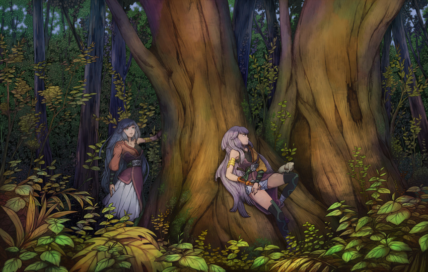 2girls against_tree animal armlet asymmetrical_clothes belt black_legwear blue_hair commentary_request dress forest gloves green_eyes highres leaning long_hair multiple_girls nature nira_(niratoro) original outdoors over-kneehighs plant profile scenery shorts siblings single_glove sisters standing thighhighs tree twins