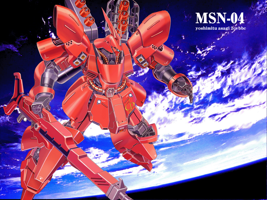 asagi_yoshimitsu beam_rifle char's_counterattack commentary_request earth_(planet) energy_gun gun gundam mecha no_humans planet robot sazabi solo space weapon