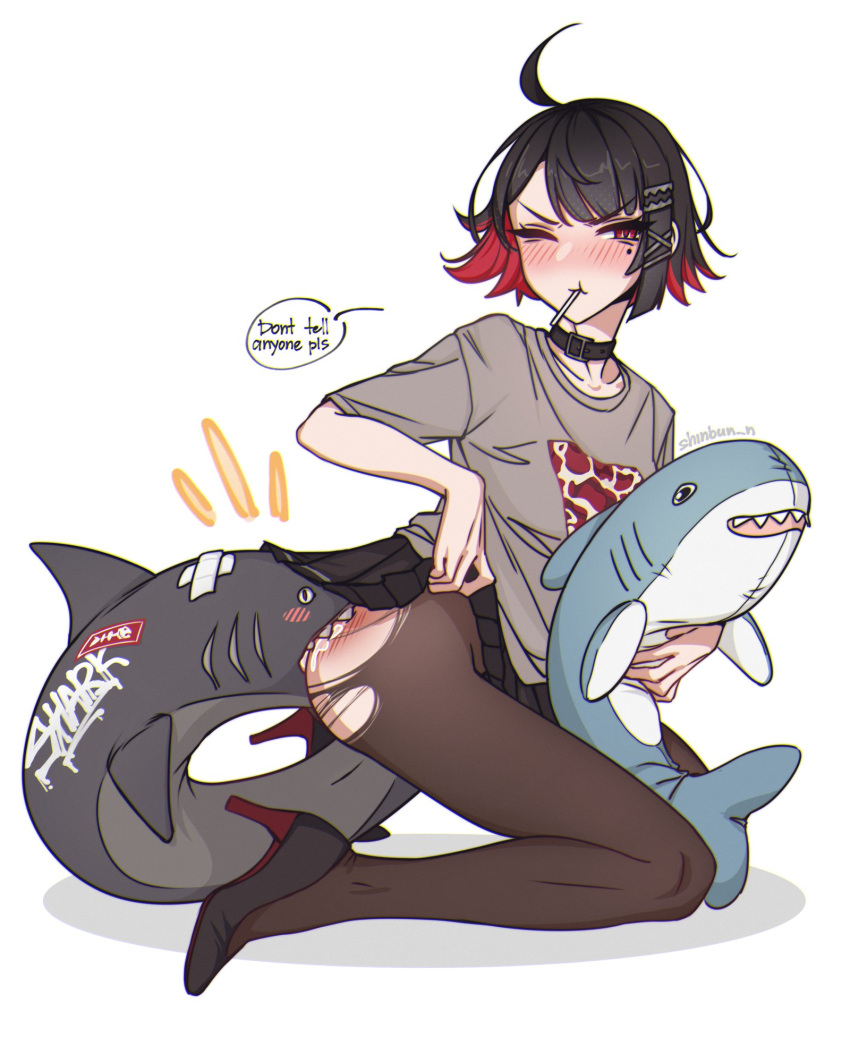 alternate_costume ass ass_biting biting black_collar black_hair black_pantyhose black_skirt blush candy clothes_lift collar commentary crossed_bandaids ellen_joe english_commentary english_text female fins fish_tail food grey_shirt hair_ornament hairclip high_heels highres holding kneeling lifting_own_clothes lollipop mole mole_under_eye multicolored_hair one_eye_closed pantyhose pleated_skirt red_eyes red_hair saliva shark shark_tail sharp_teeth shinbun_n shirt short_hair short_sleeves simple_background skirt skirt_lift stuffed_animal stuffed_shark stuffed_toy tail teeth torn_clothes torn_pantyhose white_background zenless_zone_zero