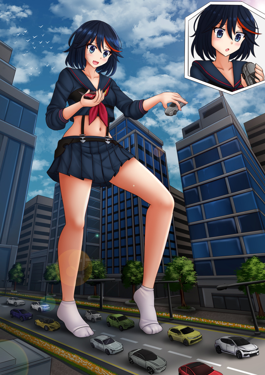 animal ankle_socks bird black_hair black_sailor_collar black_serafuku black_shirt black_skirt blue_eyes blue_sky blush building car cloud cloudy_sky commentary day english_commentary female full_body giant giantess highres holding kazenokaze kill_la_kill matoi_ryuuko midriff motor_vehicle multicolored_hair navel neckerchief no_shoes open_mouth outdoors parted_lips pleated_skirt red_hair red_neckerchief sailor_collar school_uniform serafuku shirt skirt sky socks standing standing_on_one_leg streaked_hair tree virtual_youtuber white_socks