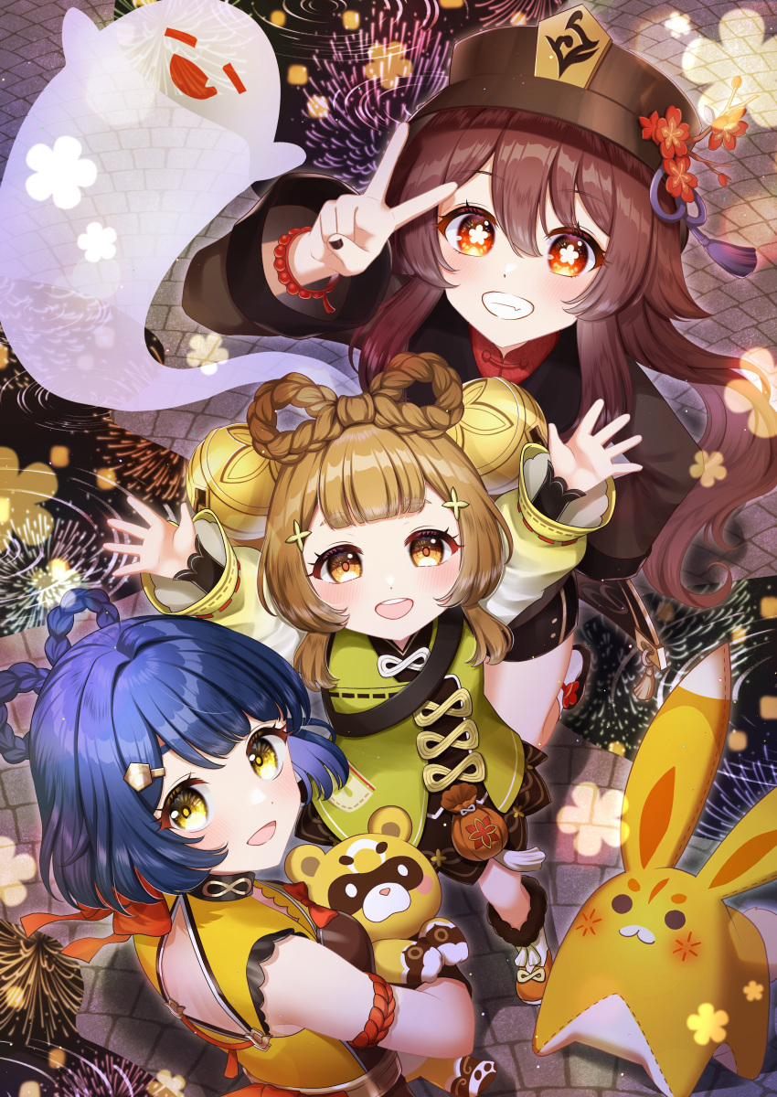 3girls :d absurdres arms_up bell black_hair blush boo_tao_(genshin_impact) bow bow-shaped_hair bracelet breasts brown_hair brown_hat clothing_cutout commentary_request fire flower-shaped_pupils from_above genshin_impact grin guoba_(genshin_impact) hair_bell hair_between_eyes hair_ornament hat highres holding hu_tao_(genshin_impact) jewelry long_hair looking_at_viewer medium_breasts medium_hair multiple_girls orange_eyes puddle red_bow red_eyes reflection smile standing symbol-shaped_pupils tateko25wiz teeth twintails upper_teeth_only v xiangling_(genshin_impact) yaoyao_(genshin_impact) yellow_eyes yuegui_(genshin_impact)