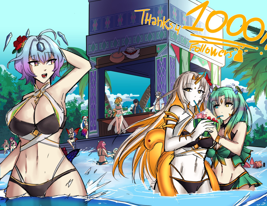 3girls absurdres alternate_costume aqua_hair arm_up bikini black_bikini bob_cut breasts cleavage colored_inner_hair drinking_straw fire_emblem fire_emblem_heroes flower green_hair grey_hair gullveig_(fire_emblem) gullveig_(summer)_(fire_emblem) hair_flower hair_ornament heidr_(fire_emblem) highres horns huge_breasts innertube large_breasts long_hair ludook multicolored_hair multiple_girls official_alternate_costume open_mouth purple_hair seidr_(fire_emblem) seidr_(summer)_(fire_emblem) stomach swim_ring swimsuit two-tone_hair yellow_horns