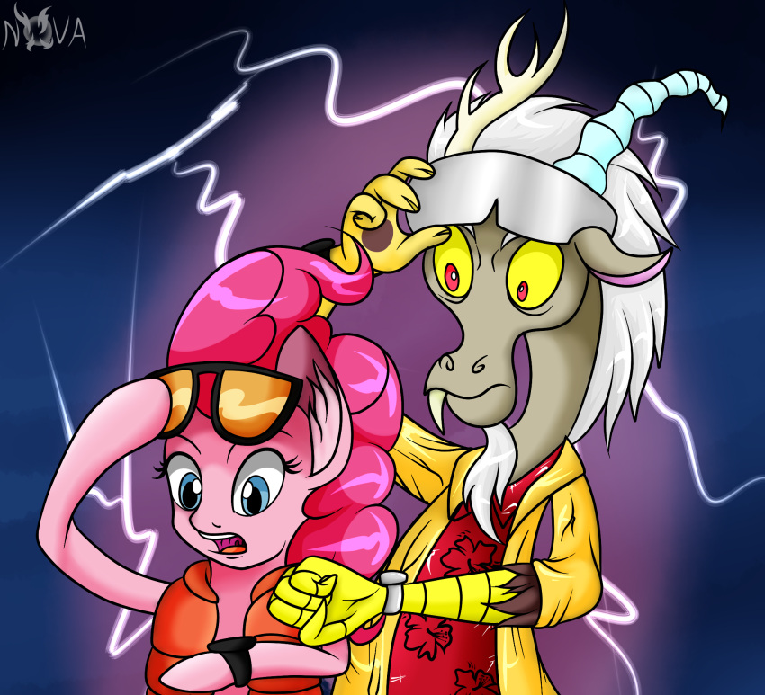 back_to_the_future blue_eyes chimera cosplay discord_(mlp) duo emmett_brown equid equine eyewear female friendship_is_magic hasbro hi_res horse male male/female mammal marty_mcfly my_little_pony novaspark open_mouth pinkie_pie_(mlp) pony sunglasses