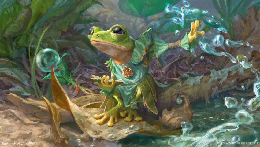 amphibian andrea_piparo anthro bubble elemental_manipulation female frog green_body green_skin hasbro helga_(bloomburrow) leaf leaf_clothing log magic:_the_gathering narrowed_eyes open_book solo water water_manipulation wizards_of_the_coast wood