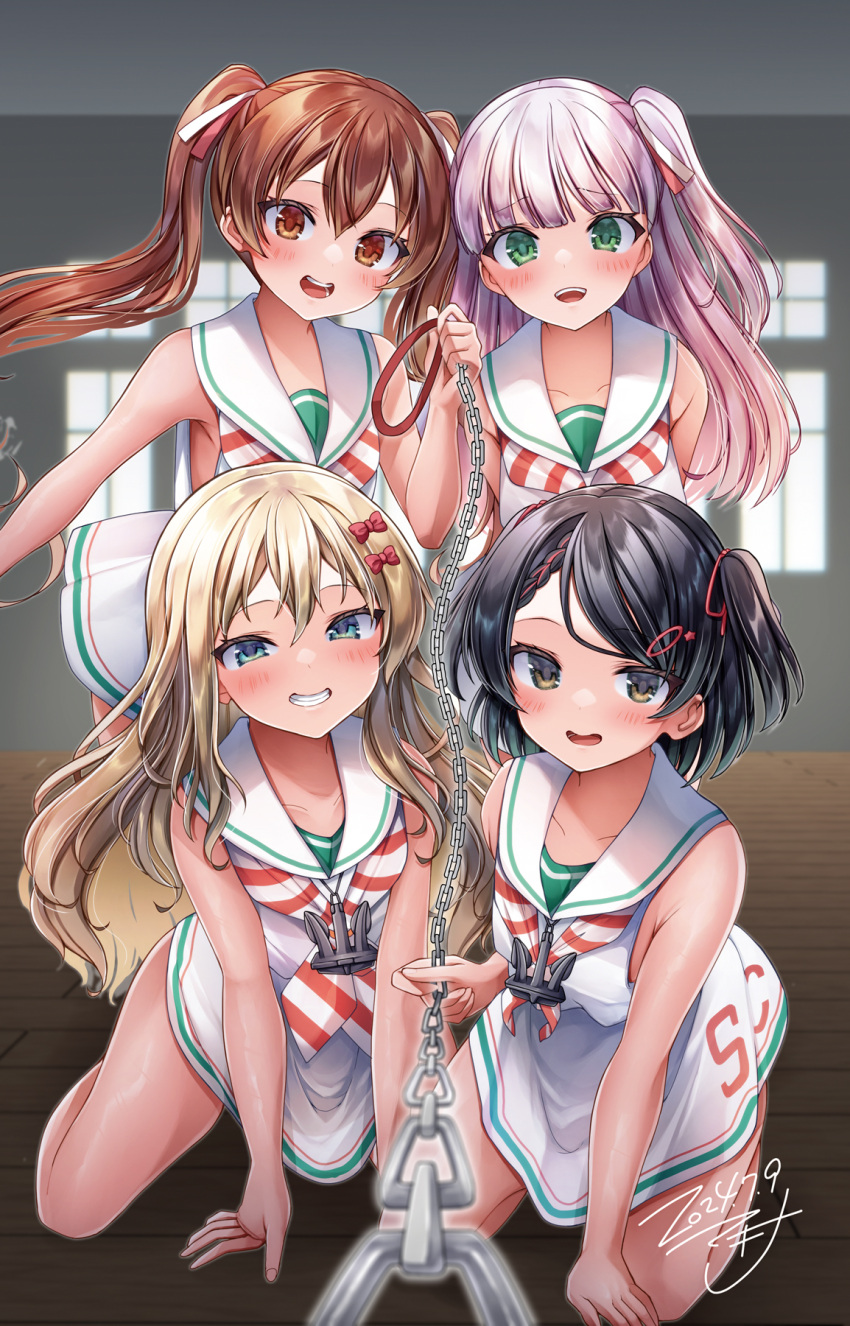 4girls black_hair blonde_hair blue_eyes blunt_bangs bow brown_eyes brown_hair chain_leash chains dark-skinned_female dark_skin dress grecale_(kancolle) green_eyes grey_hair hair_between_eyes hair_ribbon hairbow highres holding holding_leash kantai_collection leash libeccio_(kancolle) long_hair looking_at_viewer low-cut_armhole maestrale_(kancolle) makina00 multiple_girls neckerchief one_side_up open_mouth pink_bow ribbon sailor_collar sailor_dress scirocco_(kancolle) short_hair side-tie_dress sleeveless sleeveless_dress striped_neckerchief twintails two_side_up wavy_hair white_dress white_sailor_collar