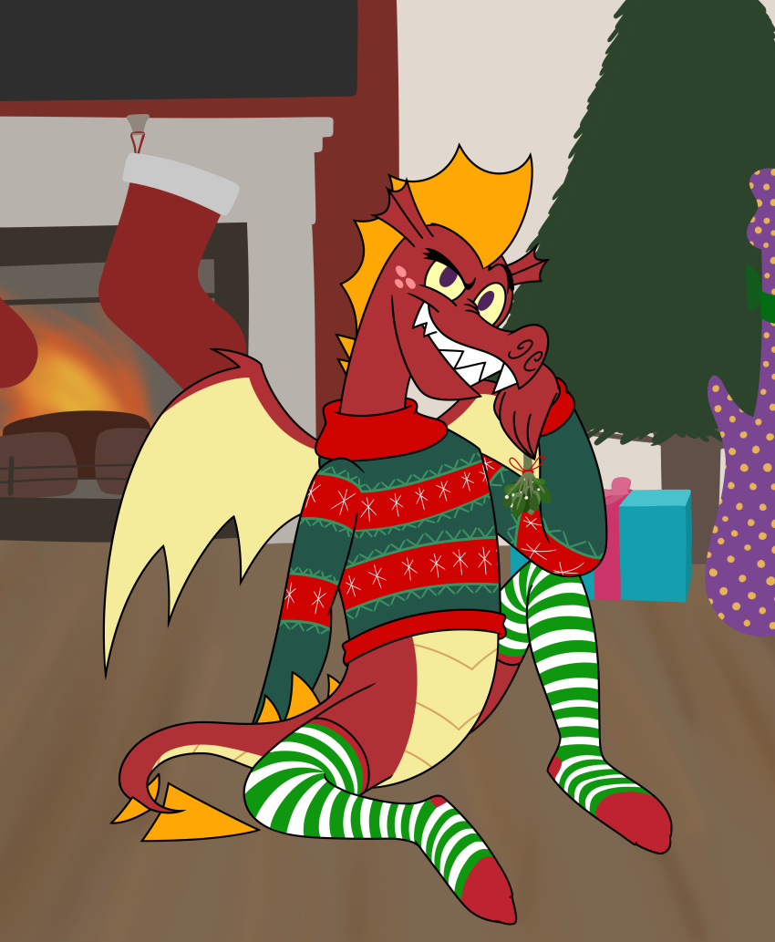 aaron_amethyst absurd_res anthro christmas christmas_clothing clothing fangs featureless_crotch fireplace footwear freckles friendship_is_magic garble_(mlp) gift hasbro hi_res holidays legwear looking_at_viewer male mistletoe my_little_pony pattern_clothing pattern_footwear pattern_legwear pattern_socks plant purple_eyes red_body sitting socks solo striped_clothing striped_footwear striped_socks stripes sweater teeth topwear tree wings yellow_sclera