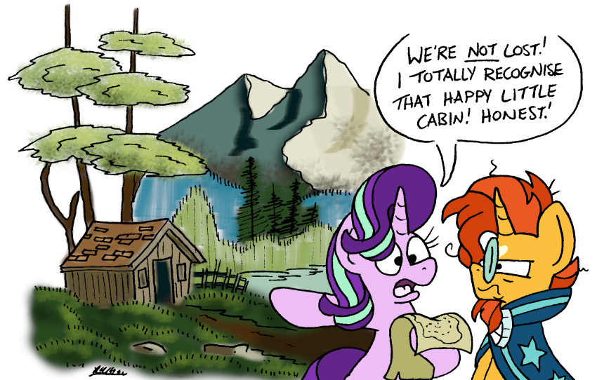 bobthedalek cabin equestria_girls equid equine eyewear facial_hair female feral friendship_is_magic gesture glasses hair hand_gesture hasbro hi_res horn male mammal my_little_pony mythological_creature mythological_equine mythology orange_hair plant pointing purple_hair quadruped sunburst_(mlp) sunset_shimmer_(eg) tree unicorn