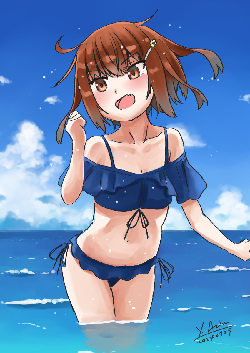 :o absurdres alternate_costume arimura_yuu bare_shoulders bikini blue_bikini brown_eyes brown_hair clenched_hands collarbone cowboy_shot dated female hair_ornament hairclip highres ikazuchi_(kancolle) kantai_collection looking_to_the_side midriff navel oerba_yun_fang partially_submerged short_hair signature skin_fang solo swimsuit