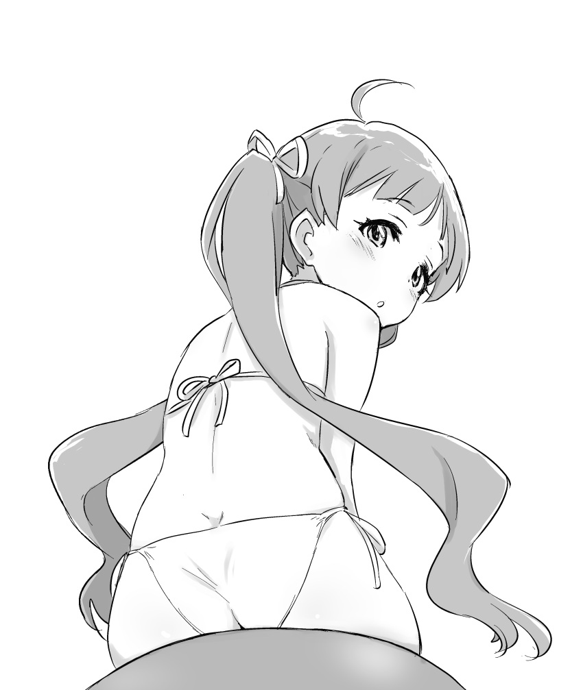 absurdres ahoge ass back bikini blush female from_behind greyscale hakozaki_serika highres idolmaster idolmaster_million_live! long_hair looking_at_viewer looking_back minazuki_tooru monochrome side-tie_bikini_bottom sitting solo swimsuit twintails